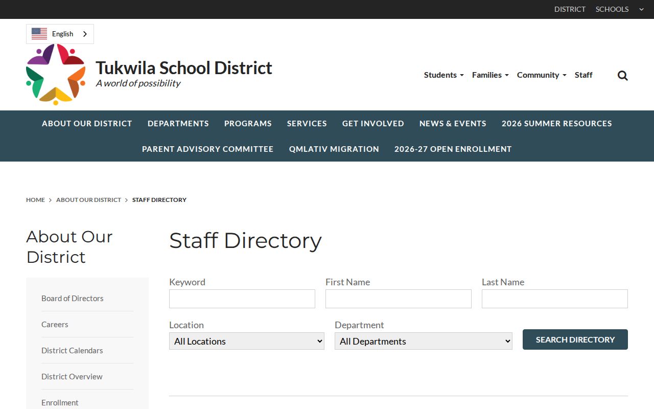 Tukwila people directories school staff name location and department filters